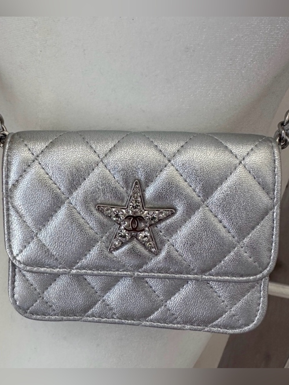 CHANEL Silver Quilted Star Mini Crossbody